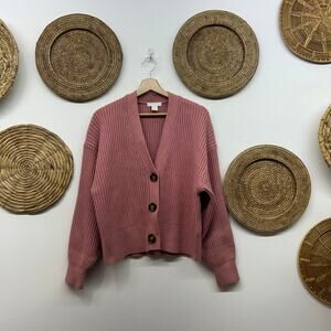 H&M Pink Cardigan Sweater Medium Ribbed Knit Button Up Cozy Layering